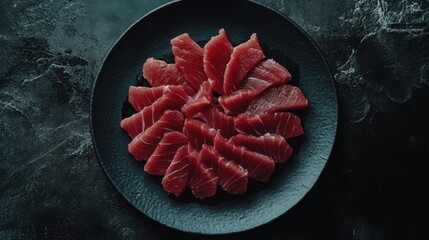 Wall Mural - Elegant Black Ceramic Plate with Arranged Fish Slices