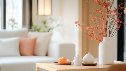 Poster - elegant minimalist living room with decorative flowers and soft lighting during daytime