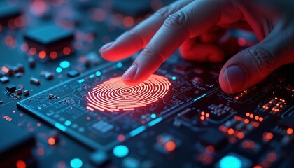 Fototapete - Person touches glowing fingerprint scanner on tech board. Biometric authentication in progress. Advanced future tech concept for security. Modern digital security system. Futuristic tech
