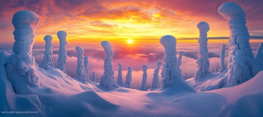 Wall Mural - Winter Wonderland Snow-Capped Trees Under a Vibrant Sunset in Snow-Covered Landscape