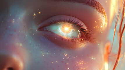 Wall Mural - close-up of a woman's eye, stars shimmering within, glowing light, aether clouds swirling, detailed 