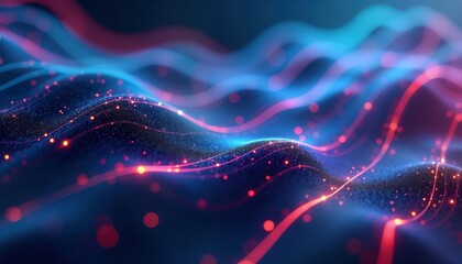 Poster - Abstract tech background shows glowing lines, particles. Dynamic design illustrates futuristic tech. Modern, innovative tech design. Digital illustration suggests interconnectedness. Image useful for