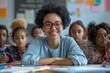© ArtCraft - Smiling teacher engaging with diverse students in a vibrant classroom setting, fostering learning and creativity, perfect for educational and academic contexts