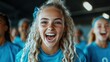 © Dulemegapixel - An excited young girl with curly hair, in a vibrant blue sports outfit, energetically cheers at an event, exuding joy, enthusiasm, and team spirit.