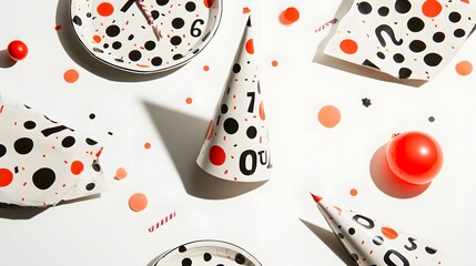 Poster - A creative flat lay of a festive table setup with party horns, plates, and napkins featuring countdown numbers. White background. No shadow