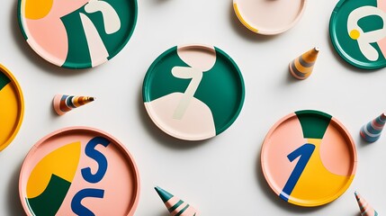 Poster - A creative flat lay of a festive table setup with party horns, plates, and napkins featuring countdown numbers. White background. No shadow