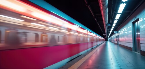 Aufkleber - Empty subway station at night. Fast moving train with pastel lights. Futuristic urban scene. Vivid colors highlight train. Minimalist design with clean lines. Transport, city concept. Modern transport