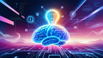 Poster - Illuminated Brain With Digital Circuit Elements Representing Technology and Innovation Concepts