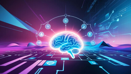 Poster - Illuminated Brain With Digital Circuit Elements Representing Technology and Innovation Concepts