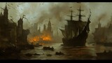 Burning city harbor with ships and boats.