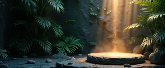 Aufkleber - Stone podium in jungle scene. Empty platform for product display. Natural backdrop with tropical plants. Lights, shadows create dramatic effect. Luxury, nature theme. Ideal for cosmetic product