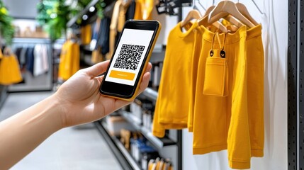 hand holding smartphone with qr code in modern retail clothing store interior