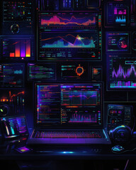 Poster - A vibrant and intricate display of data analytics, featuring numerous screens showcasing colorful graphs, statistics, and coding, encapsulating the world of tech and data visualization.