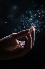 Poster - A human hand delicately interacts with a glowing web of digital connections, symbolizing the fusion of technology and humanity in an immersive, futuristic environment.