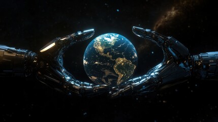 Poster - In a cosmic setting, sleek robotic hands carefully grasp a digital Earth, symbolizing technology's connection to the planet. This moment reflects innovation and futurism