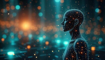 Aufkleber - Futuristic illustration shows holographic human body in cyberspace network. AI consciousness data flow processing visualized in virtual reality. Abstract digital art with glowing network of lines,