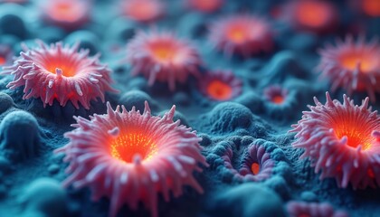 Poster - Scanning electron micrograph apoptotic cells with unusual shapes, fragmented nuclei. Cells display irregular forms, vibrant colors. Apoptotic cell death process visible. Microscopic view of molecular