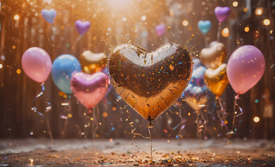 Poster - Bunch of balloons with a gold heart in the middle. The heart is surrounded by other balloons