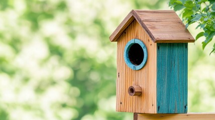 A colorful birdhouse sits against a blurred green background, inviting birds to nest in a serene outdoor setting.