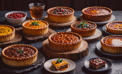 Poster - Table with many different types of pies and cakes. Some of the pies are filled with beans and some are filled with fruit