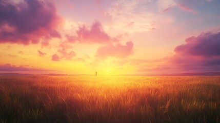 Poster - A breathtaking sunset paints the sky in vibrant hues above a sprawling field. A solitary figure stands in the foreground, captivated by the natural beauty, lost in thought as day transitions to night