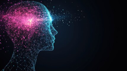 Fototapete - An abstract representation of an AI-generated human head made of interconnected polygons showcases bright light and sparks emanating from the forehead, symbolizing intelligence and creativity