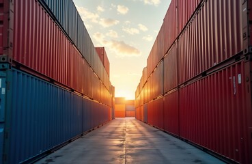 Aufkleber - Colorful cargo containers line warehouse at sunset. International trade. Import export business. Transportation logistics. Shipping industry. Shipping containers stand tall. Goods await shipment.