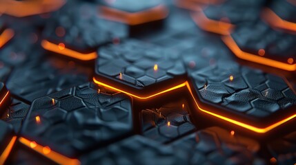 Poster - Black blue and orange hexagons background pattern.