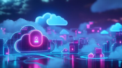 Wall Mural - An imaginative portrayal of cloud security solutions, depicting a secure cloud environment with protective shields, locked data, and seamless access for authorized users in a digital landscape