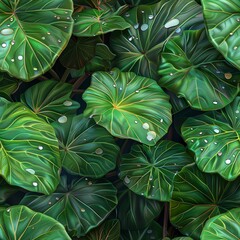 Canvas Print - Seamless Pattern, Water Droplets on Lush Green Leaves, Botanical Background, Photorealistic Style