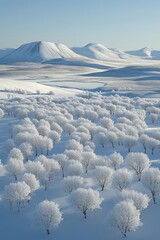 Wall Mural - Snowy silence. Scandinavian winter landscape with snow covered trees and hills in the distance