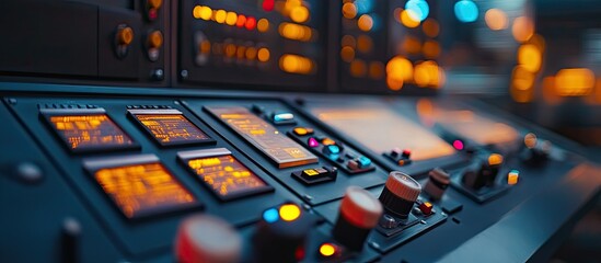 Close-up of illuminated control panel with buttons, knobs, and displays in industrial setting.