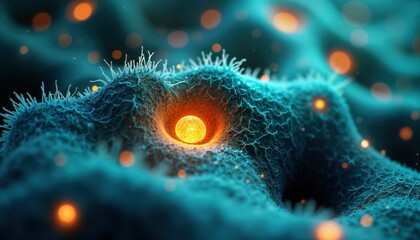 Poster - Microscopic view of epithelial cells. Bright spots highlight tight junctions. Cellular structure detailed. Image suitable for scientific publications, medical presentations, educational materials.
