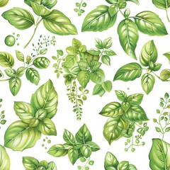 Wall Mural - Seamless Pattern, Fresh Green Basil Leaves, Culinary Herbs, Botanical Illustration, White Background