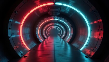 Aufkleber - Futuristic tunnel passageway with neon lights. Dark interior design. Metal walls. Glowing red, teal neon light creates abstract futuristic scene. Modern industrial style. Underground futuristic