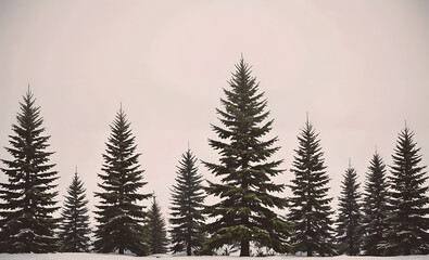 Poster - Row of pine trees are lined up in a forest. The trees are tall and green. The sky is cloudy and gray