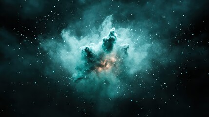 a captivating emerald green nebula forms the centerpiece, with twinkling stars scattered around, pre