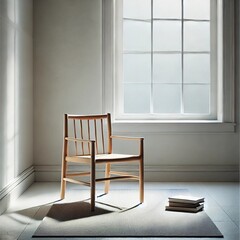 Wall Mural - A minimalist and aesthetic composition featuring a single wooden chair in a bright, empty room with white walls. A soft gray rug lies on the floor