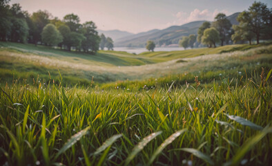 Poster - Field of grass with a lake in the background. The grass is green and the lake is calm