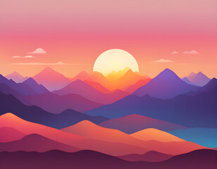 Sticker - Sunset mountains landscape background, colorful gradation sky, flat mountain background