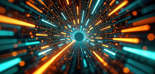 Fototapete - abstract tech tunnel with vibrant orange, turquoise glowing lines. digital data streams code moving 