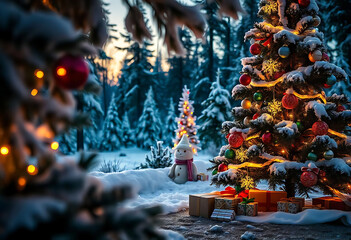 Poster - Christmas Day Christmas tree decorations gifts star ball color snowman background closeup in a snow pine forest evening lighting illustration art