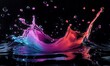 © MD - This image captures a splash of various colorful liquids at the moment of impact, displaying a vivid and dynamic scene with a mix of hues