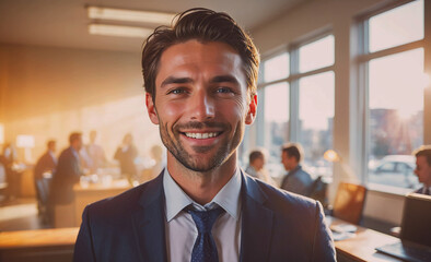 Poster - Man in a suit and tie is smiling in front of a window. There are several other people in the background