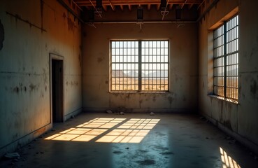 Poster - Empty jail cell interior with worn concrete walls, metal bars. Sunlit desert landscape visible through barred windows. Abandoned, desolate space. Old building with decaying walls. Deserted room