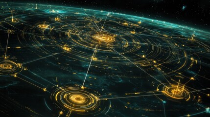 Poster - Abstract depiction of Earth's interconnected systems with glowing circles and radiant lines.