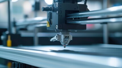 Poster - Automated industrial 3d printer is creating a new object prototype layer by layer by extruding molten plastic in a modern factory, showcasing innovative additive manufacturing technology
