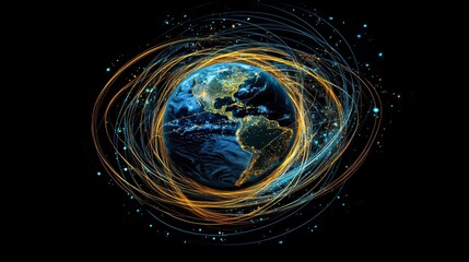 Poster - Bright circles and glowing lines around Earth, portraying advanced internet and social media technologies.