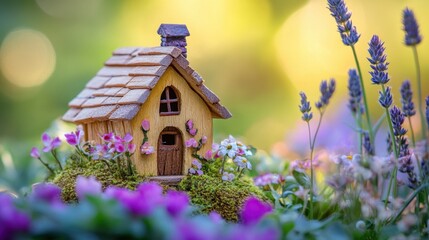 Charming miniature wooden dwelling displayed on a vibrant background with natural floral elements
