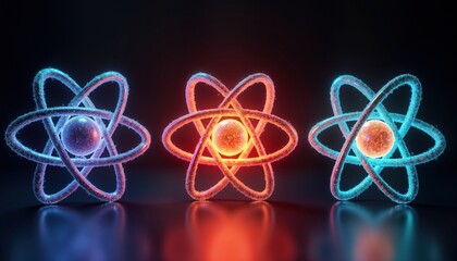 Poster - Three glowing atom models show different energy concepts. Colorful atomic structures illustrate energy levels. Scientific illustration of particle energy. Modern representation of quantum physics